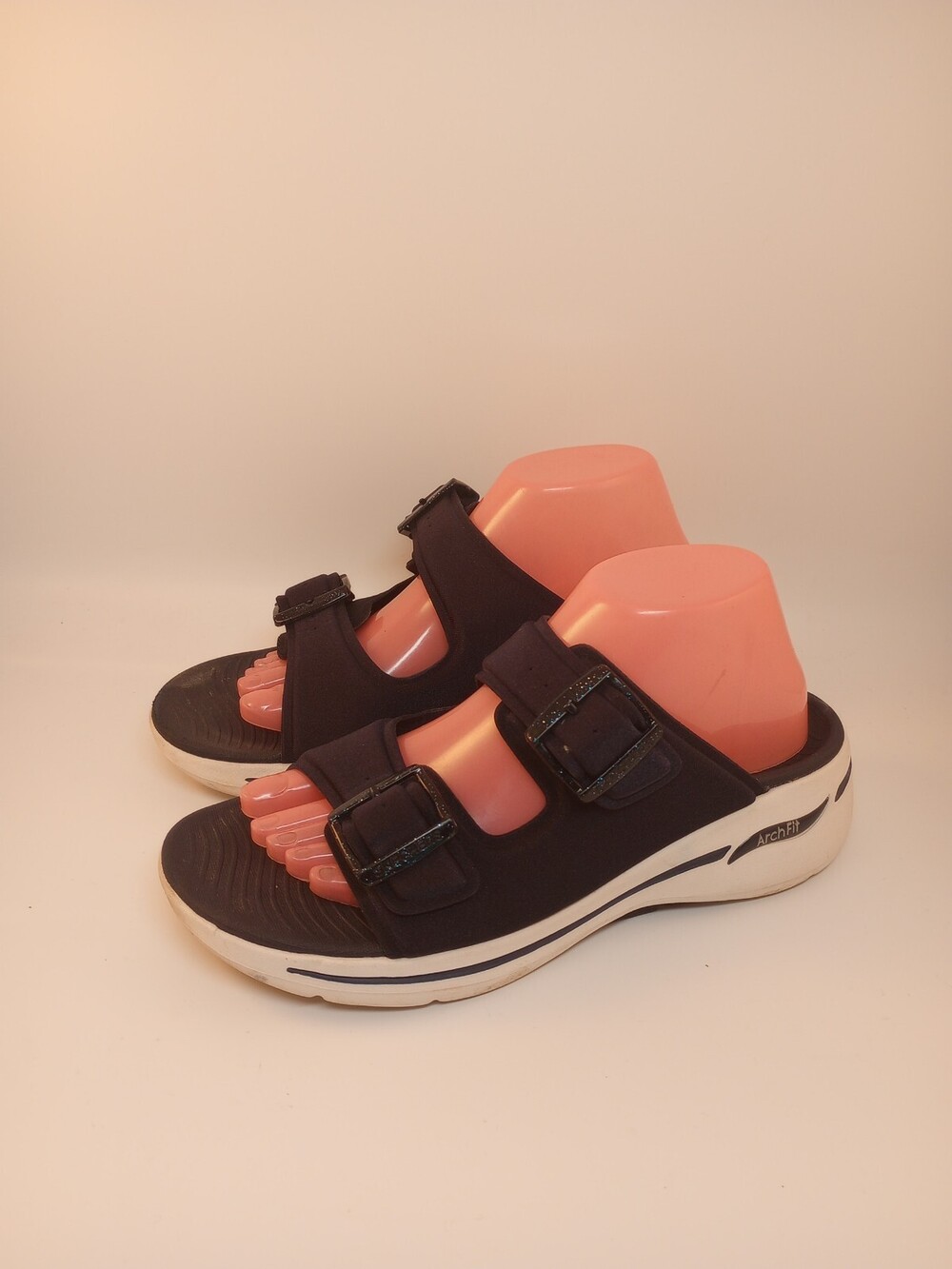 Skechers 9M Go Walk Women's Arch Fit Double Band Buckle Slide Navy Sandals
